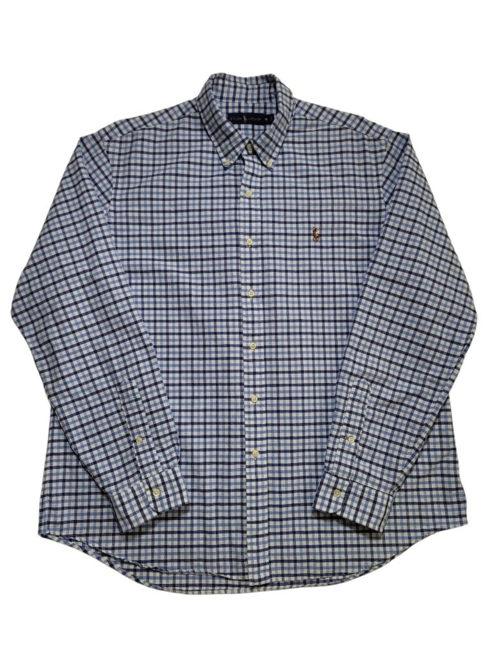 Ralph Lauren Mens Blue Checkered Plaid Gingham Oxford Dress Shirt Polo XL Preppy